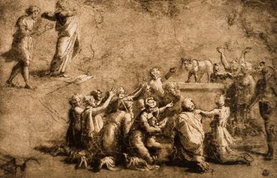 Anbetung des Goldenen Kalbs oder Moses zerbricht die Gesetzestafeln (Zeichnung von Raphael)